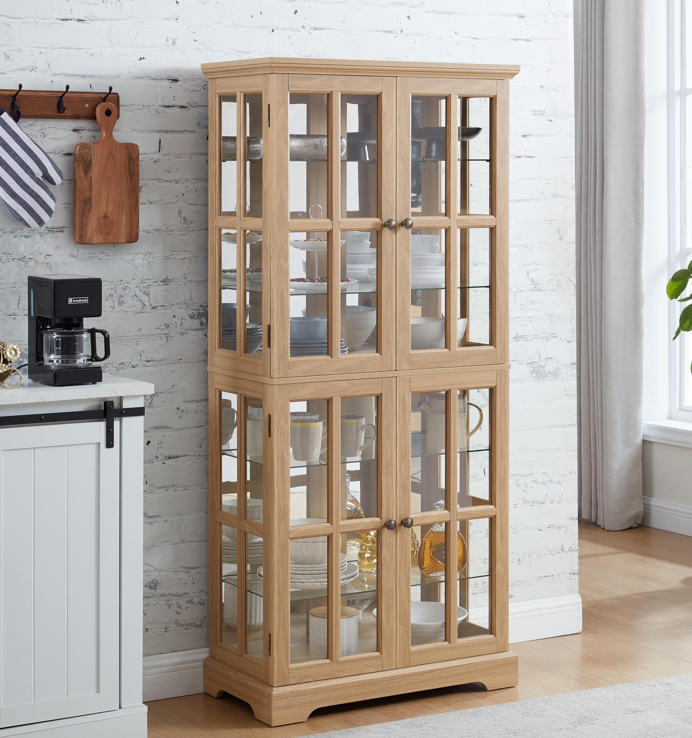 本棚・本収納 Antique Glass Door Cabinet Living Room Amazon.com - Antique Glass High Display Cabinet with 4 Grid Doors